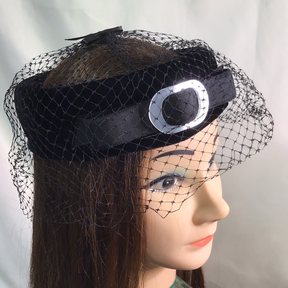 🔥Vintage hat funeral mourning hat velvet band with mesh bow and faux MOP costume
